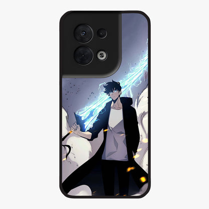 Dark Lightning Anime Warrior Glass Case showing flat back view with intense anime warrior artwork and glossy glass finish.
