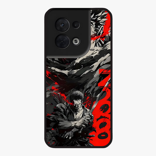 Demon Sword Resolve Glass Case showing flat back view with fierce sword warrior artwork and glossy glass finish.