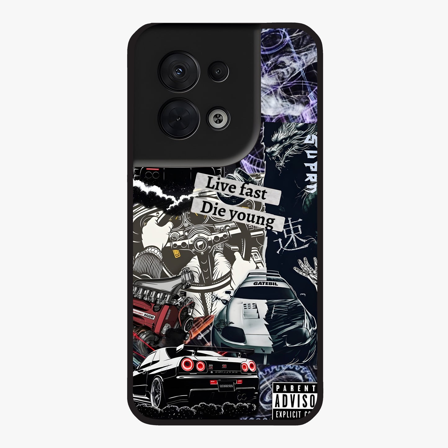 Die Young Glass Case showing flat back view with bold artistic typography design and glossy glass finish.