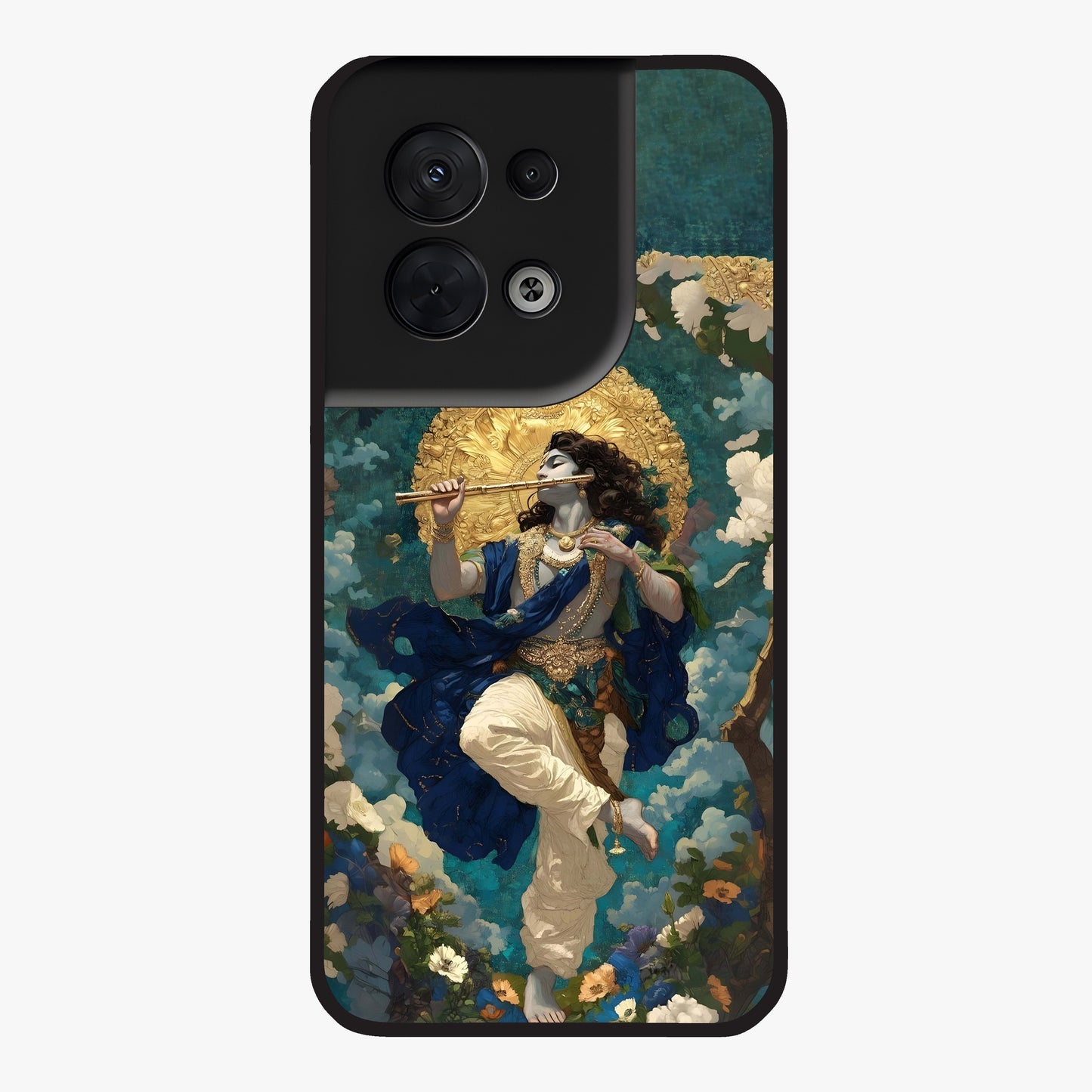 Divine Krishna Art Glass Case showing flat back view with Lord Krishna artwork and glossy glass finish.