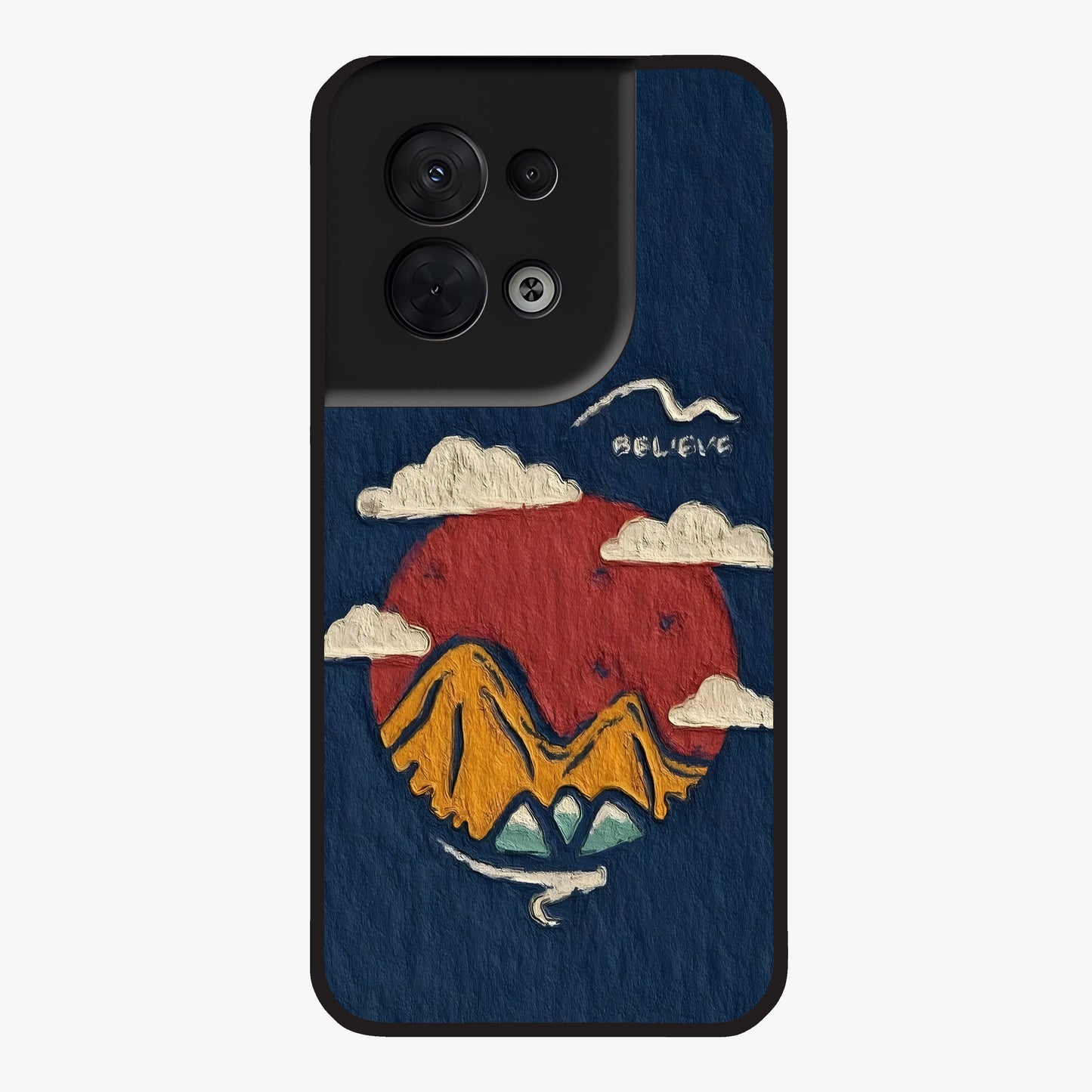 Dream Beyond Mountains Glass Case showing flat back view with scenic mountain landscape artwork and glossy glass finish.