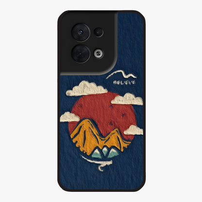 Dream Beyond Mountains Glass Case showing flat back view with scenic mountain landscape artwork and glossy glass finish.