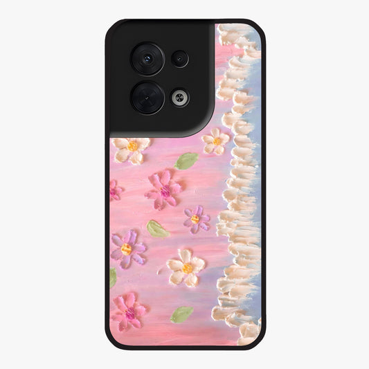Dreamy Painted Garden Glass Case showing flat back view with artistic painted floral garden artwork and glossy glass finish.