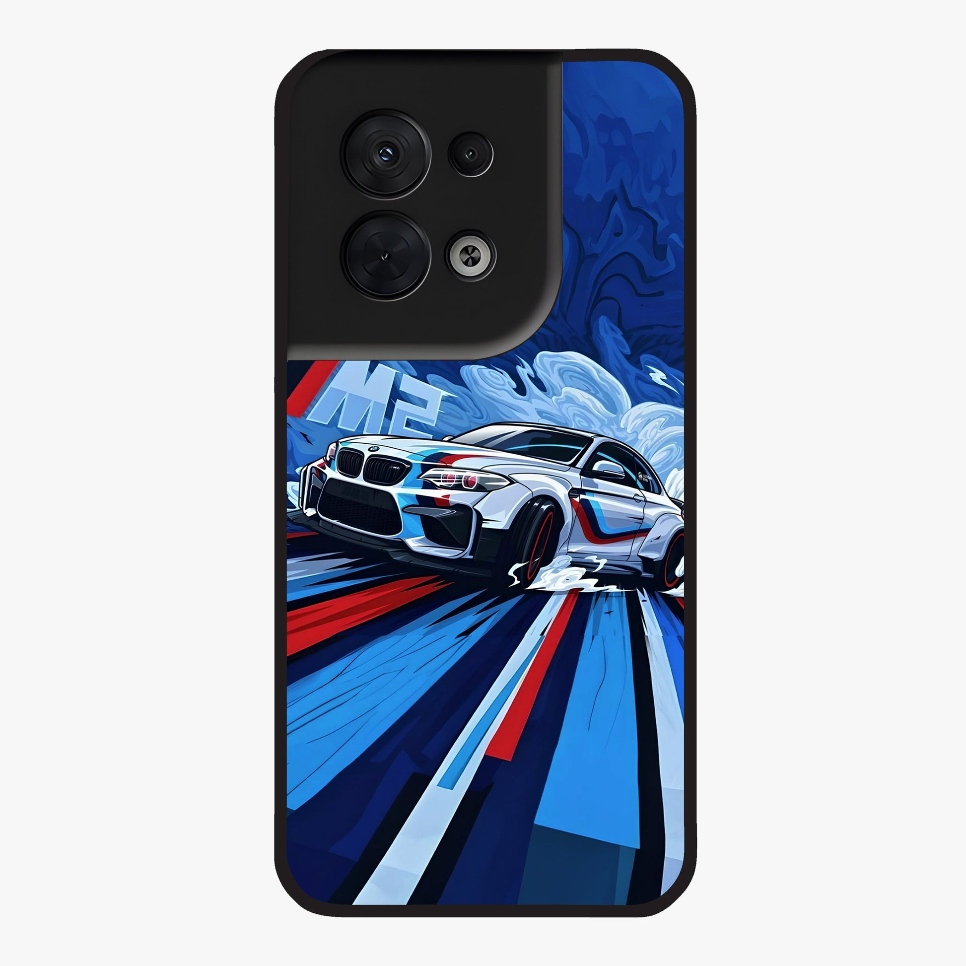 Drift Power Rush Glass Case showing flat back view with dynamic racing inspired artwork and glossy glass finish.