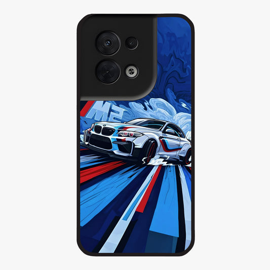 Drift Power Rush Glass Case showing flat back view with dynamic racing inspired artwork and glossy glass finish.