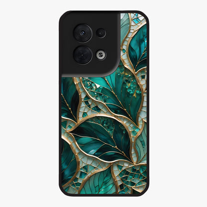 Emerald Leaf Glass Glass Case showing flat back view with emerald green leaf artwork and glossy glass finish.