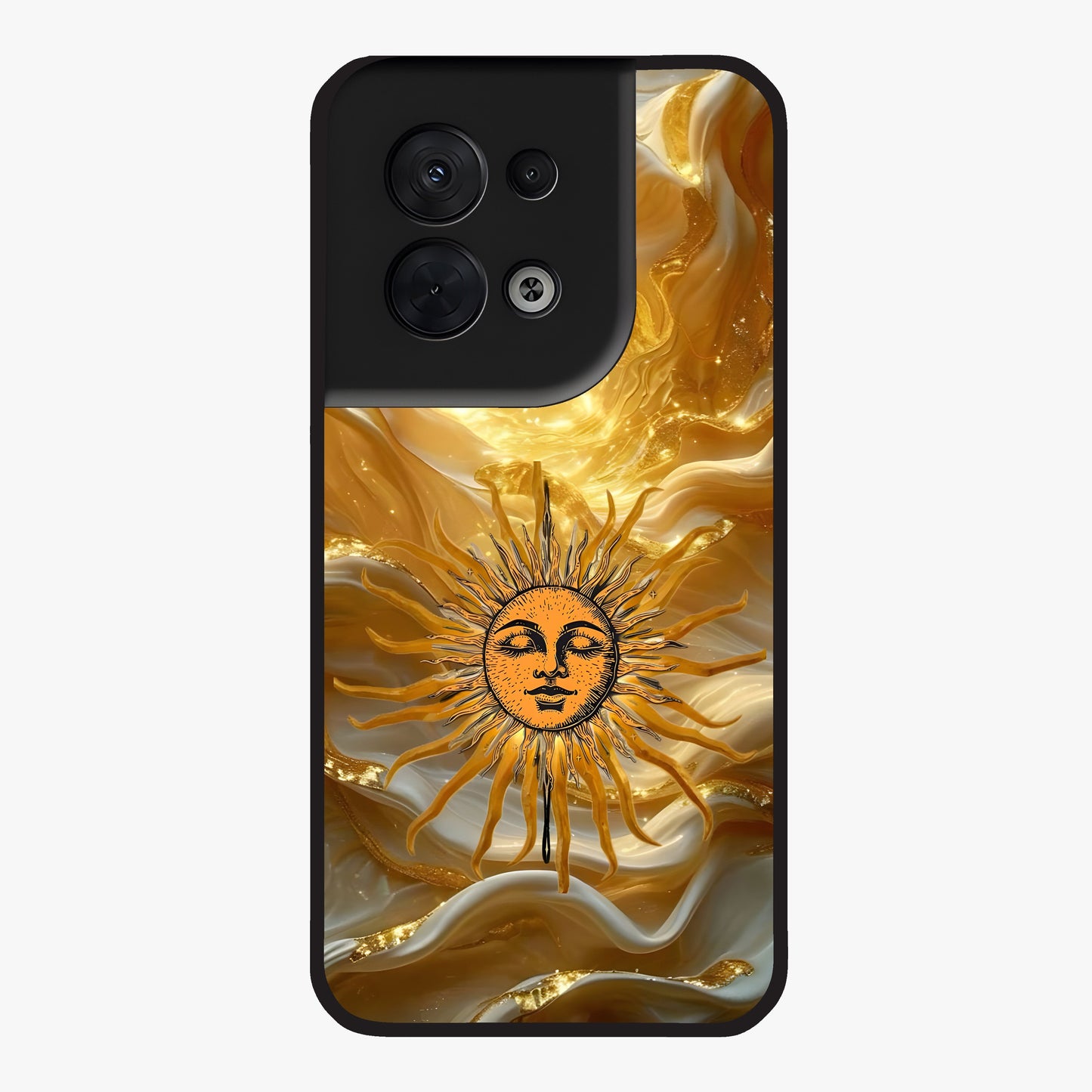 Eternal Golden Glow Glass Case showing flat back view with radiant golden themed artwork and glossy glass finish.