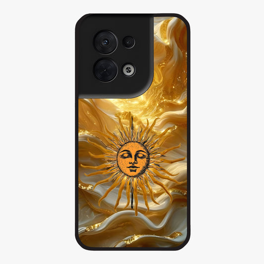 Eternal Golden Glow Glass Case showing flat back view with radiant golden themed artwork and glossy glass finish.