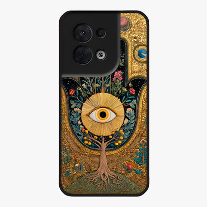 Ethereal Evil Eye Glass Case showing flat back view with mystical evil eye artwork and glossy glass finish.