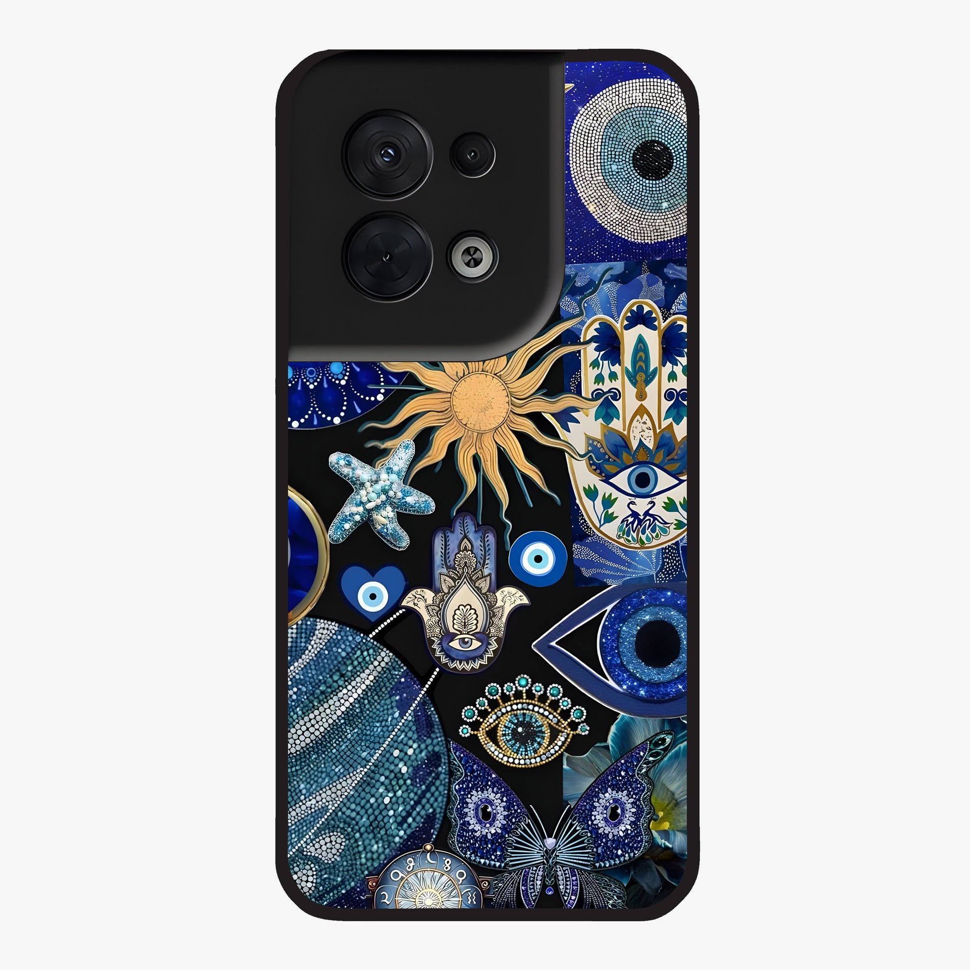 Evil Eye Charm Mix Glass Case showing flat back view with multiple evil eye charms artwork and glossy glass finish.