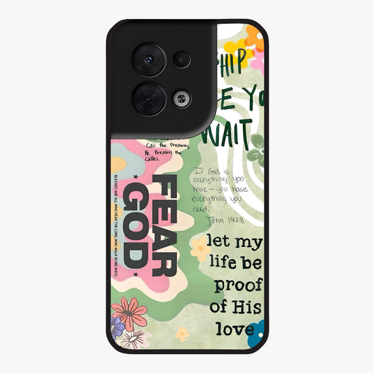Faith Over Fear Glass Case showing flat back view with motivational typography artwork and glossy glass finish.