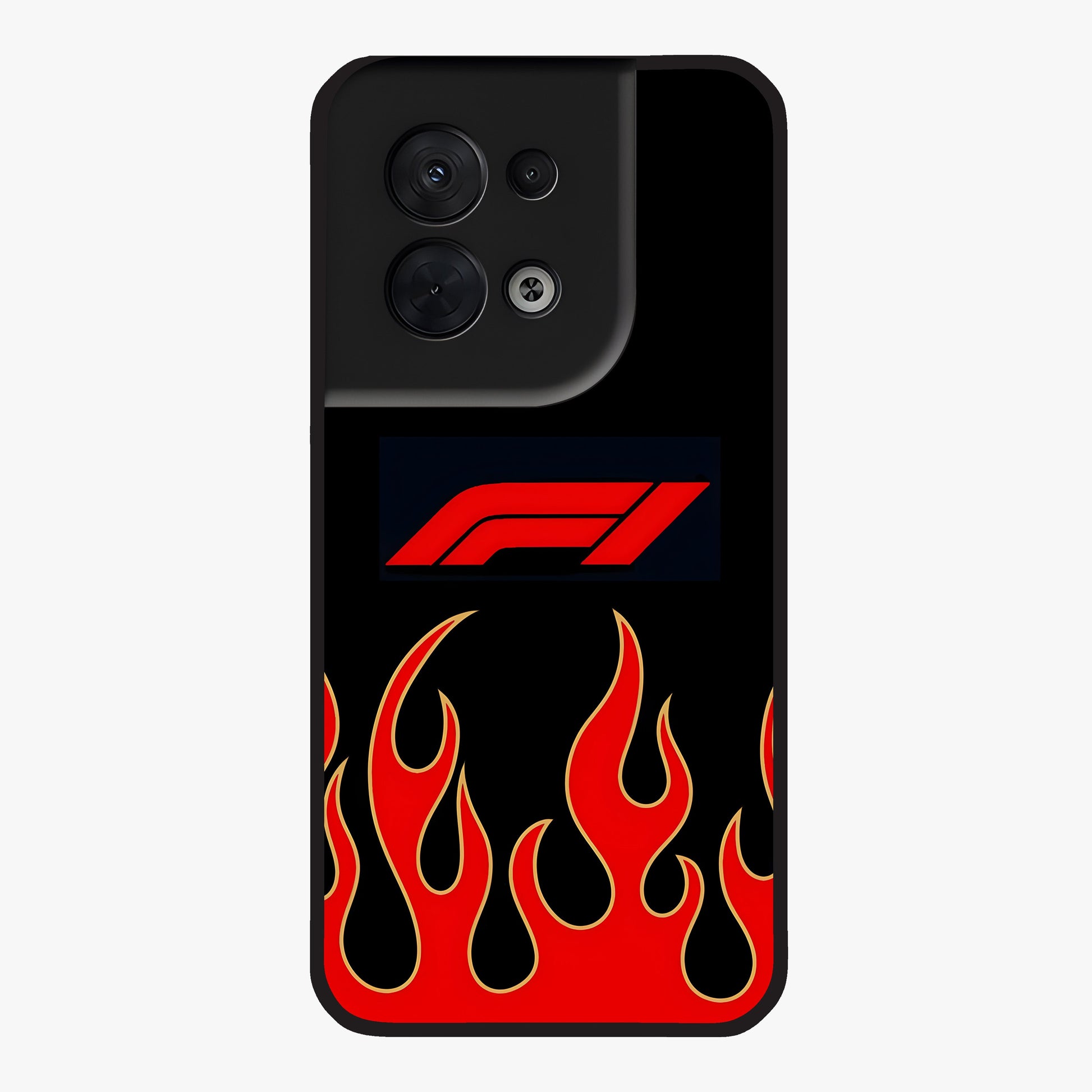 Fire F11 Glass Case showing flat back view with fiery themed artwork and glossy glass finish.