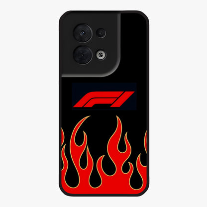 Fire F11 Glass Case showing flat back view with fiery themed artwork and glossy glass finish.