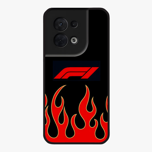 Fire F11 Glass Case showing flat back view with fiery themed artwork and glossy glass finish.