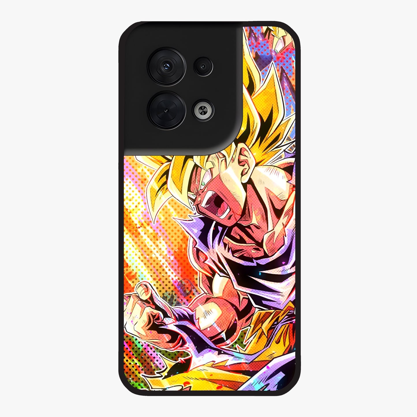 Firing Goku Glass Case showing flat back view with powerful anime inspired artwork and glossy glass finish.