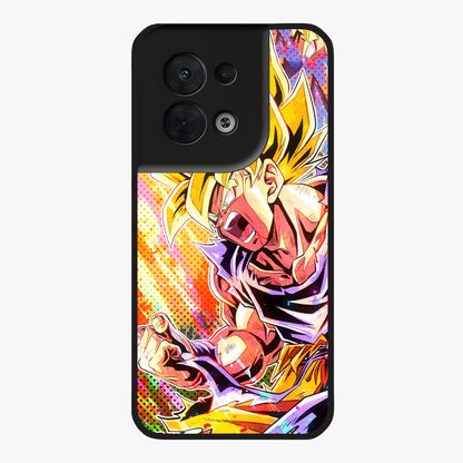 Firing Goku Glass Case showing flat back view with powerful anime inspired artwork and glossy glass finish.