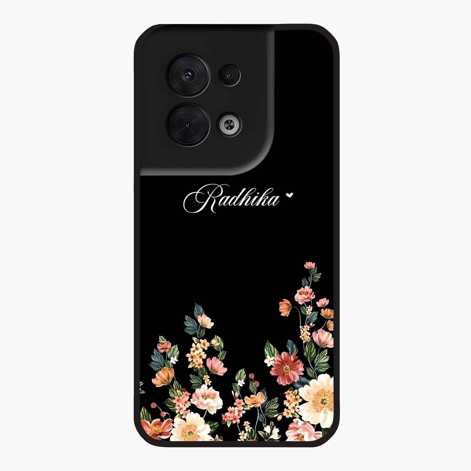 Floral Design With a Custom Personalized Name Glass Case showing flat back view with floral artwork and personalized name design.
