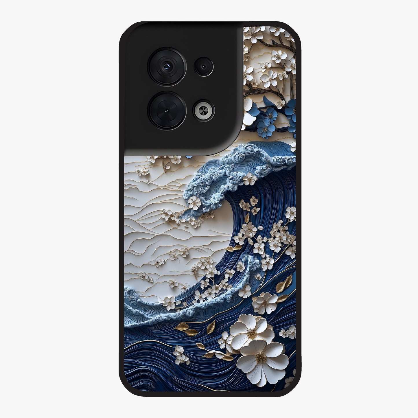 Floral Wave Origami Glass Case showing flat back view with origami inspired floral wave artwork and glossy glass finish.