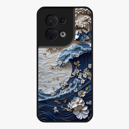 Floral Wave Origami Glass Case showing flat back view with origami inspired floral wave artwork and glossy glass finish.