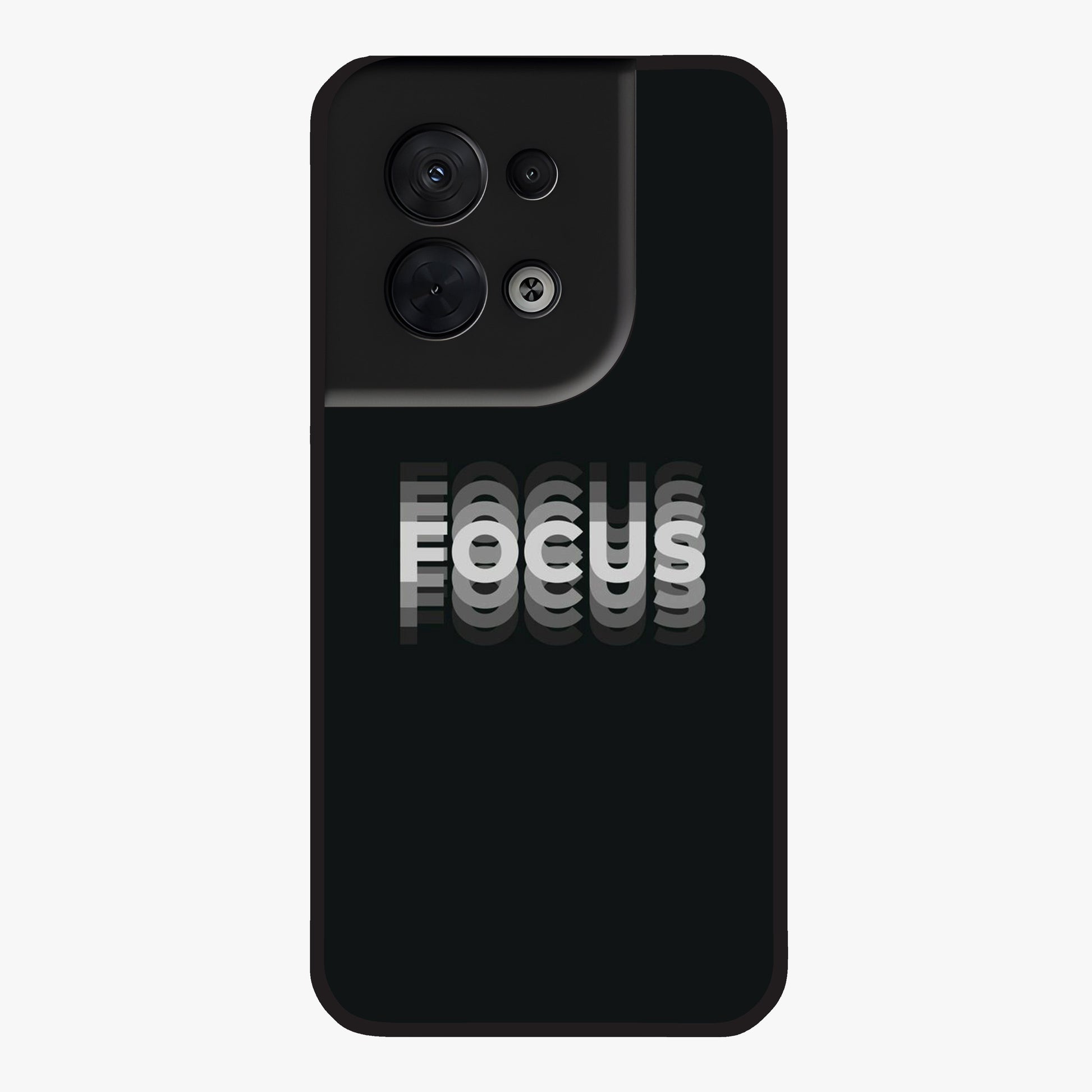 Focus Mode On Glass Case showing flat back view with bold motivational typography design and glossy glass finish.