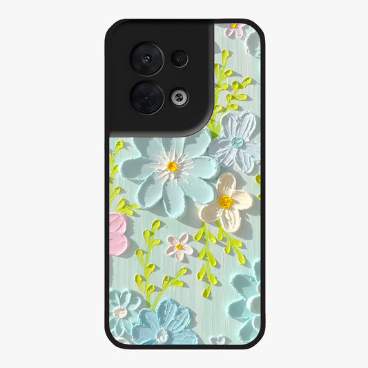 Frosted Petal Garden Glass Case showing flat back view with soft frosted floral artwork and glossy glass finish.