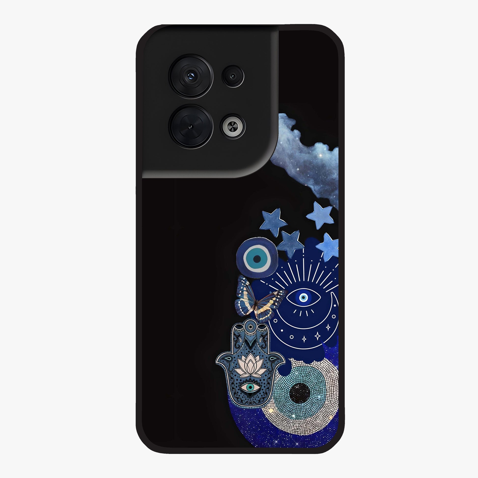 Galactic Charm Cluster Glass Case showing flat back view with glowing celestial charm artwork and glossy glass finish.