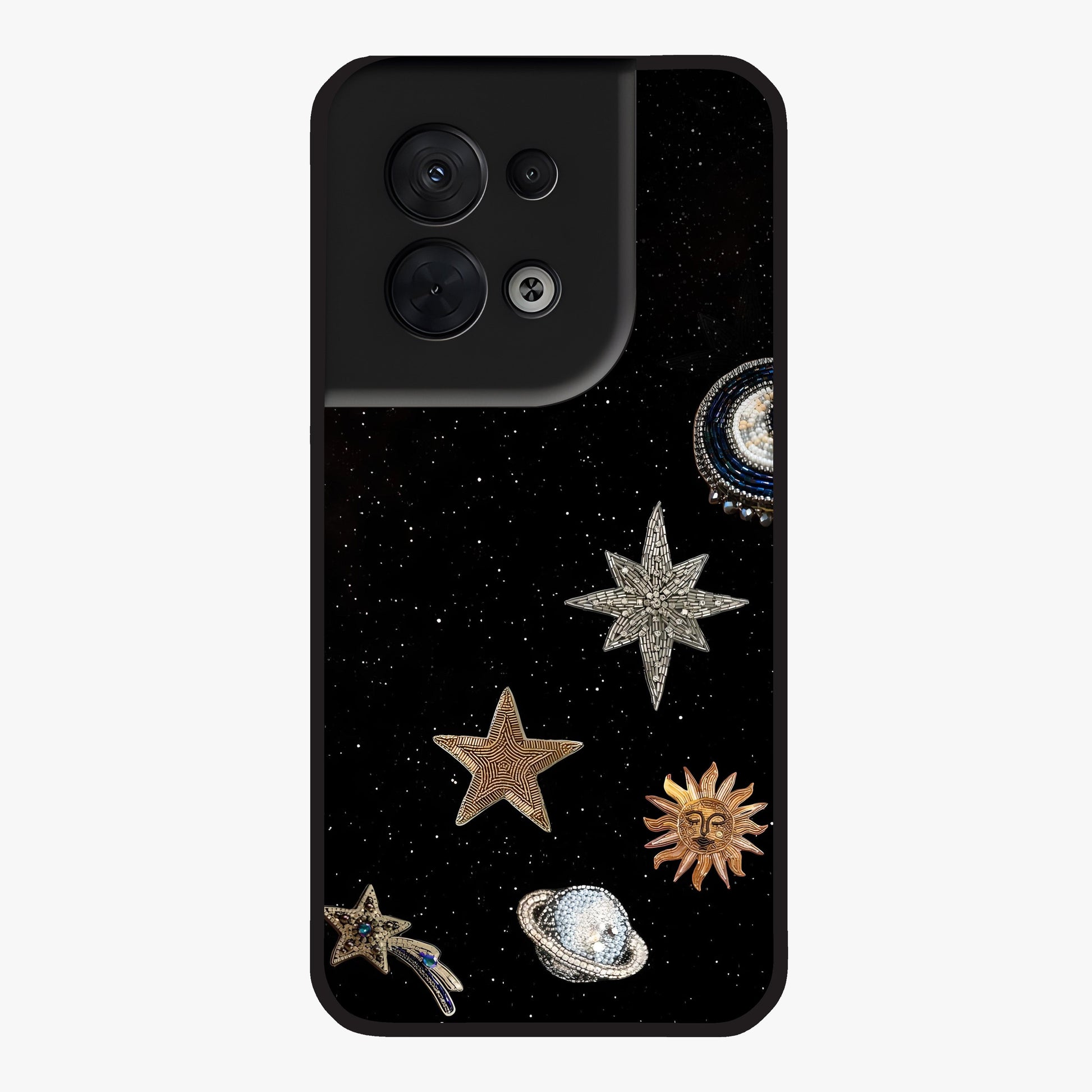 Galactic Charm Glow Glass Case showing flat back view with glowing celestial charm artwork and glossy glass finish.