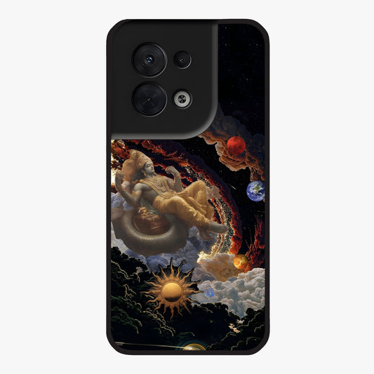 Galactic Divine God Glass Case showing flat back view with divine cosmic themed artwork and glossy glass finish.