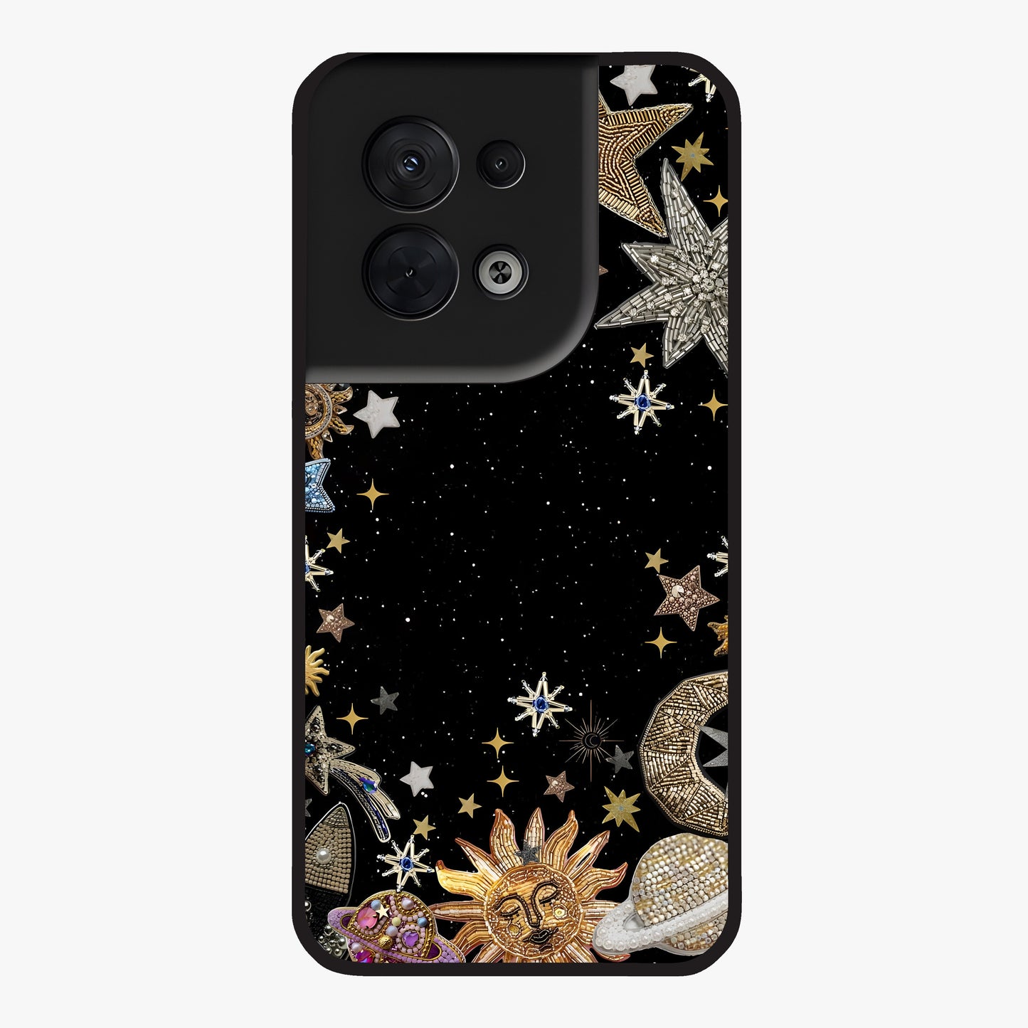 Galactic Jewel Stars Glass Case showing flat back view with sparkling star jewel artwork and glossy glass finish.