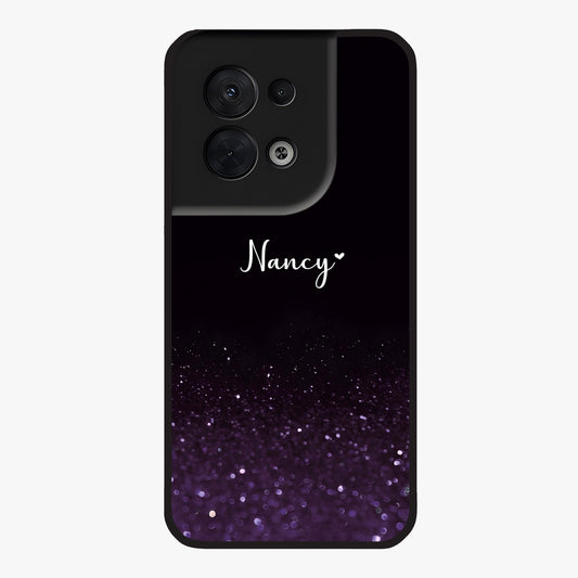 Glittery Purple Bokeh Custom Name Glass Case showing flat back view with purple bokeh sparkle artwork and personalized name design.