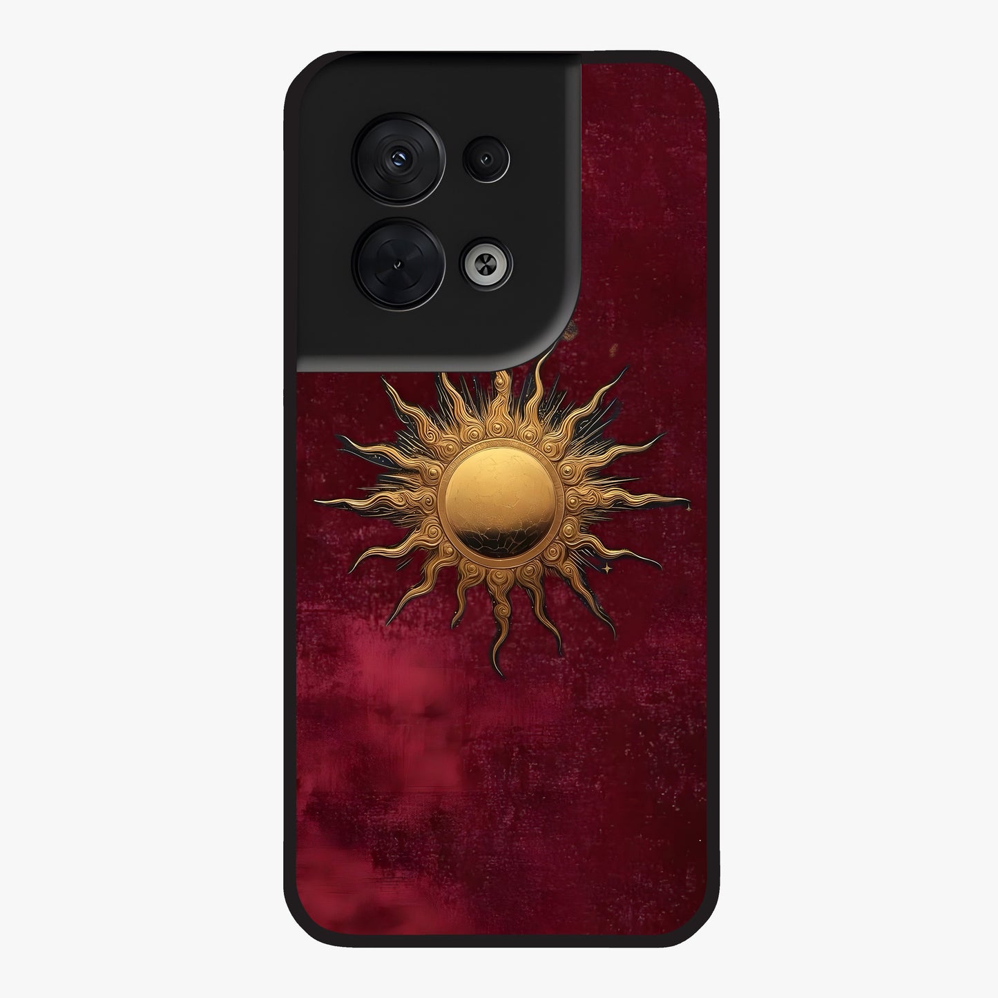 Gold Sun Blush Glass Case showing flat back view with golden sun inspired artwork and glossy glass finish.