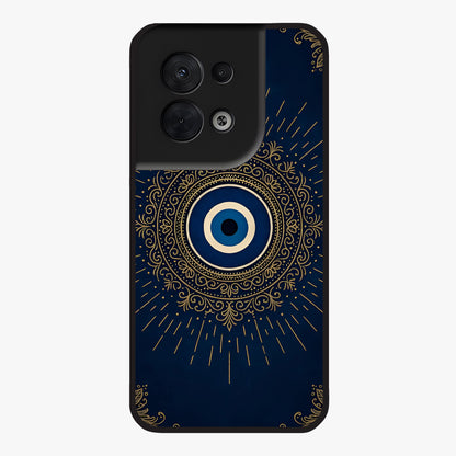 Golden Evil Eye Mandala Glass Case showing flat back view with intricate evil eye mandala artwork and glossy glass finish.