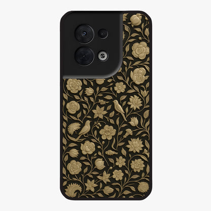 Golden Floral Majesty Glass Case showing flat back view with luxurious golden floral artwork and glossy glass finish.