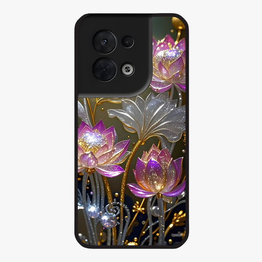 Golden Lotus Glow Glass Case showing flat back view with glowing lotus flower artwork and glossy glass finish.