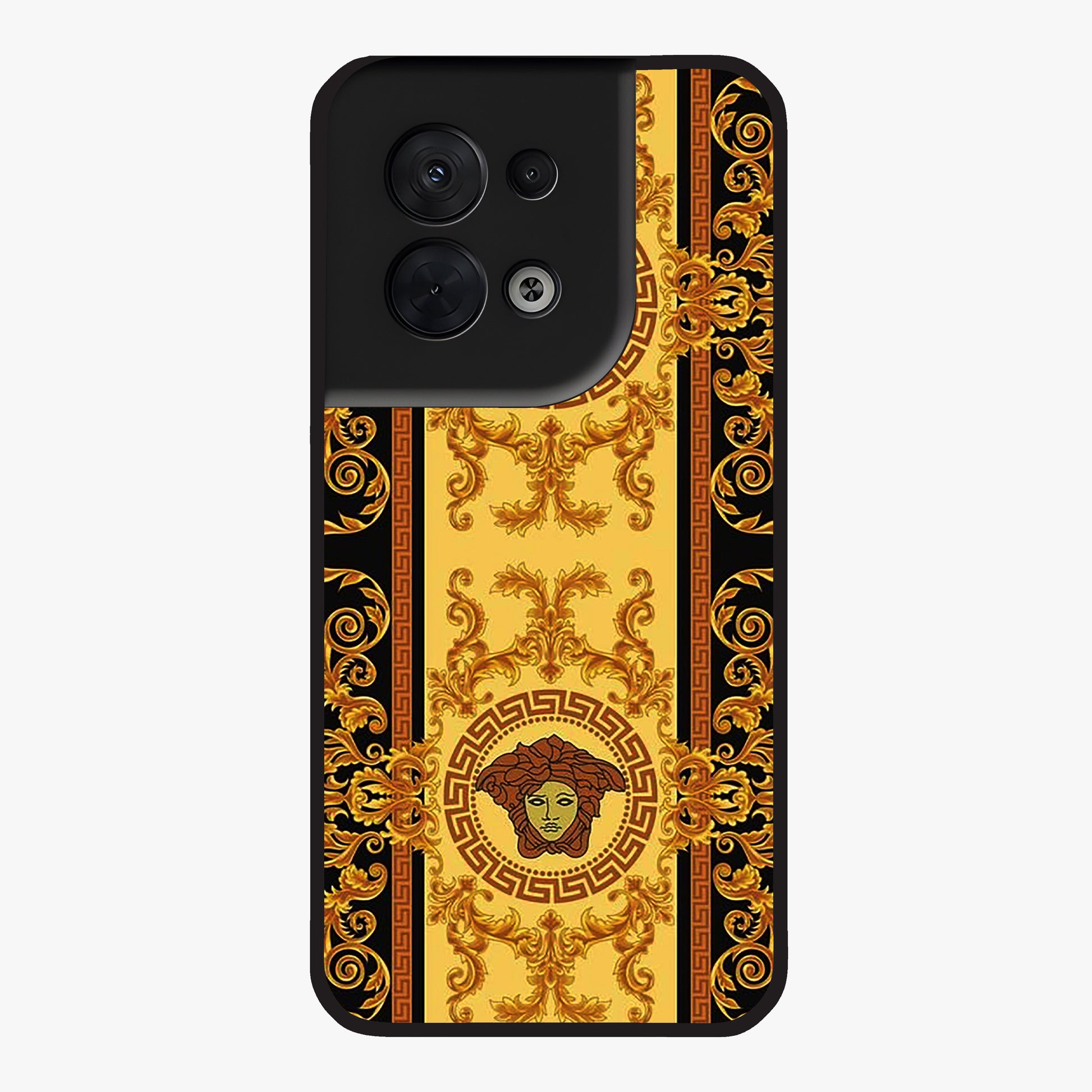 Golden Royal Heritage Glass Case showing flat back view with ornate royal pattern artwork and glossy glass finish.