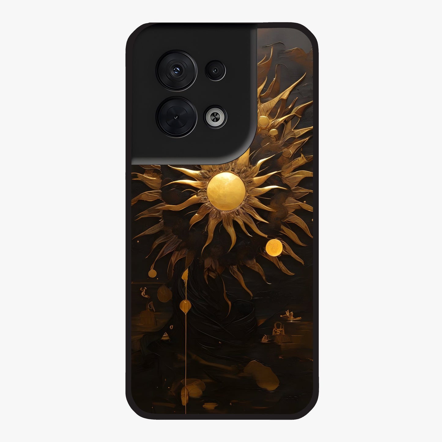 Golden Sun Majesty Glass Case showing flat back view with radiant golden sun artwork and glossy glass finish.