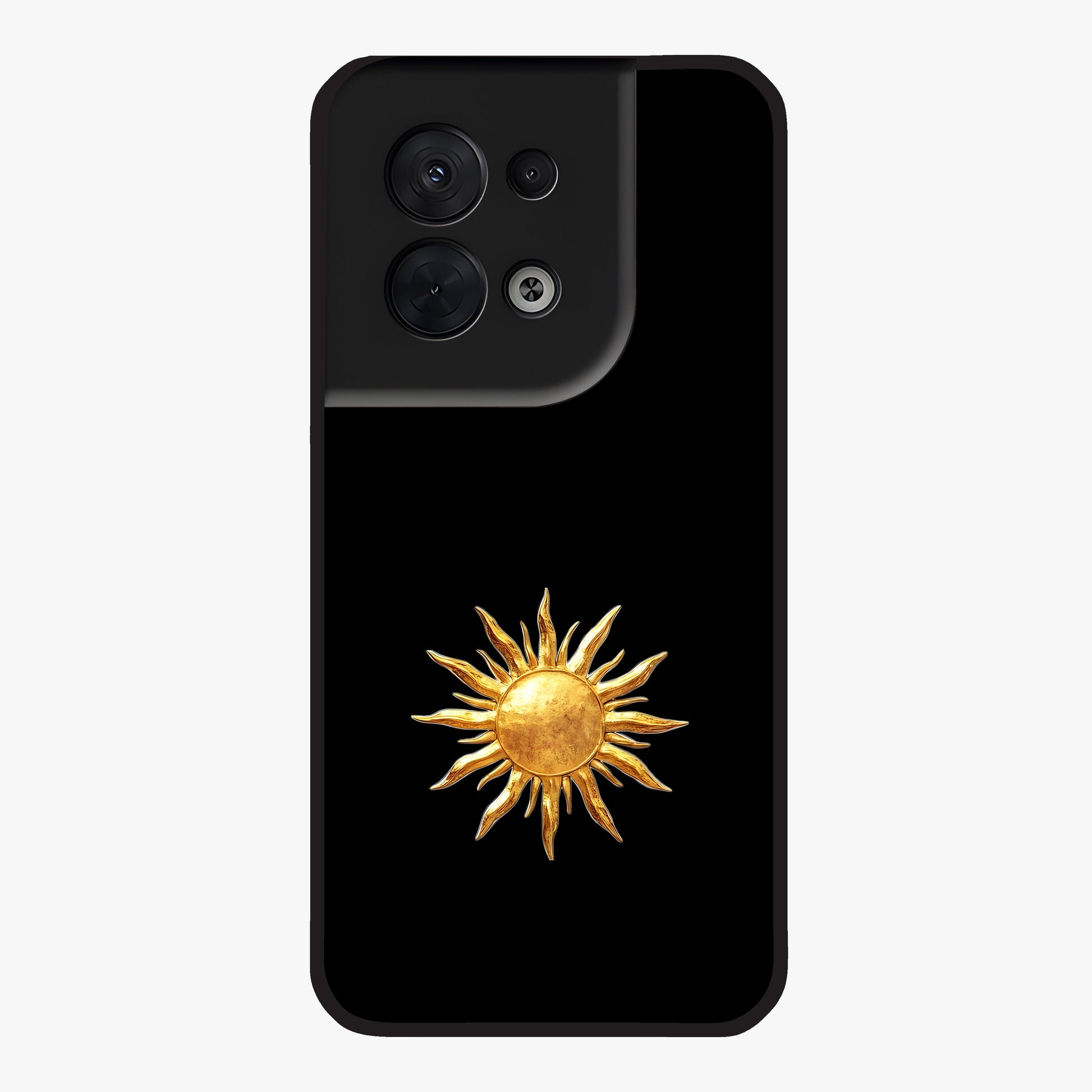 Golden Sun Minimalism Glass Case showing flat back view with minimal golden sun artwork and glossy glass finish.