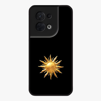 Golden Sun Minimalism Glass Case showing flat back view with minimal golden sun artwork and glossy glass finish.