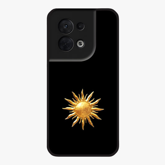 Golden Sun Minimalism Glass Case showing flat back view with minimal golden sun artwork and glossy glass finish.