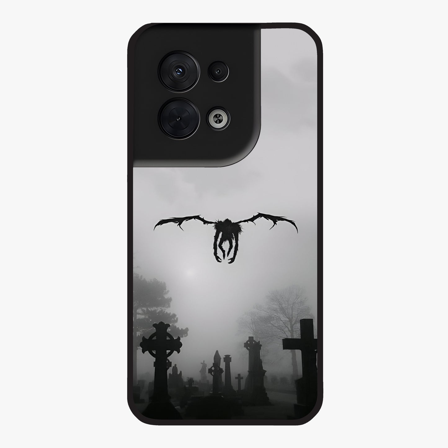 Graveyard Shadow Descent Glass Case showing flat back view with dark graveyard themed artwork and glossy glass finish.