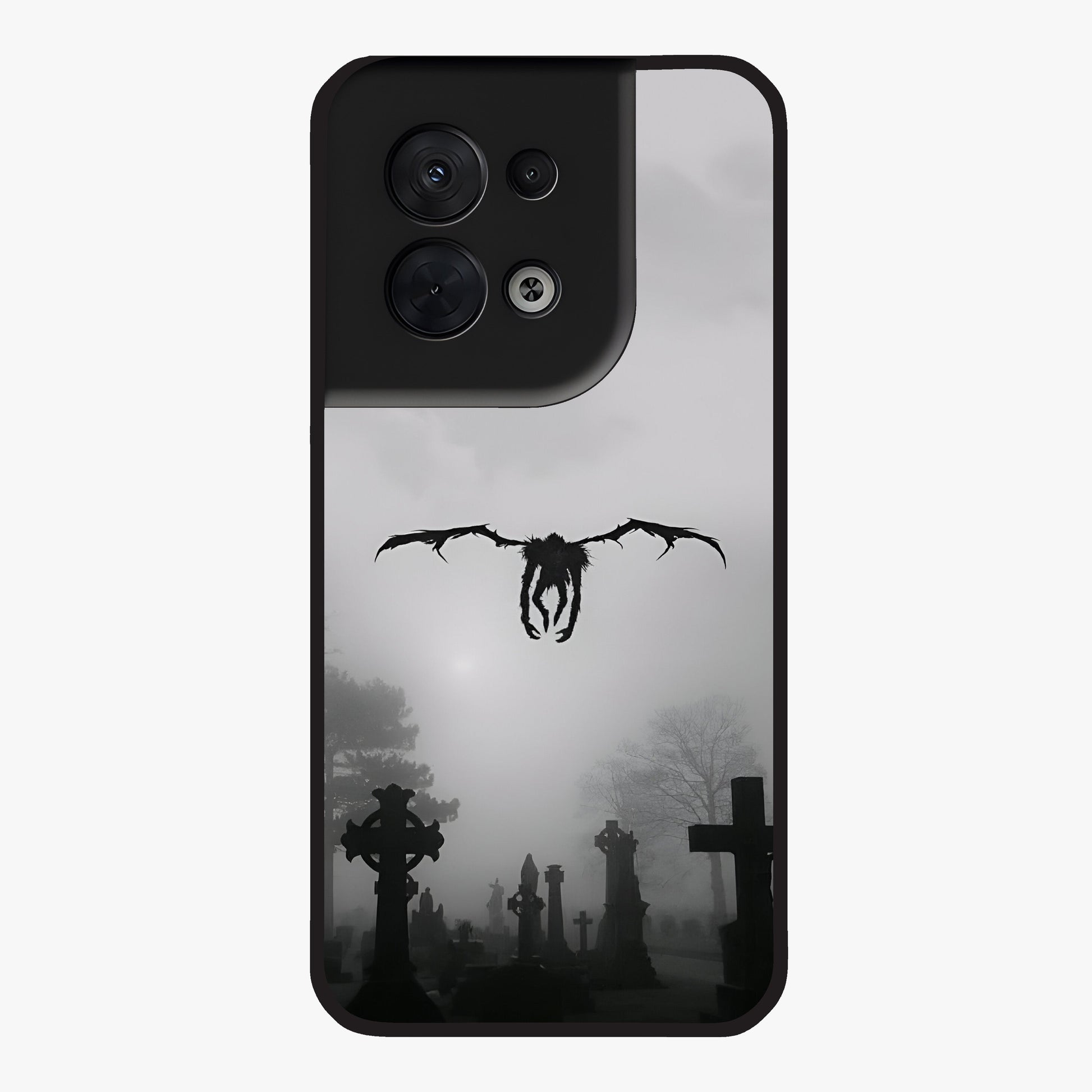 Graveyard Shadow Descent Glass Case showing flat back view with dark graveyard themed artwork and glossy glass finish.