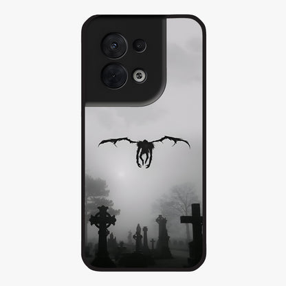 Graveyard Shadow Descent Glass Case showing flat back view with dark graveyard themed artwork and glossy glass finish.