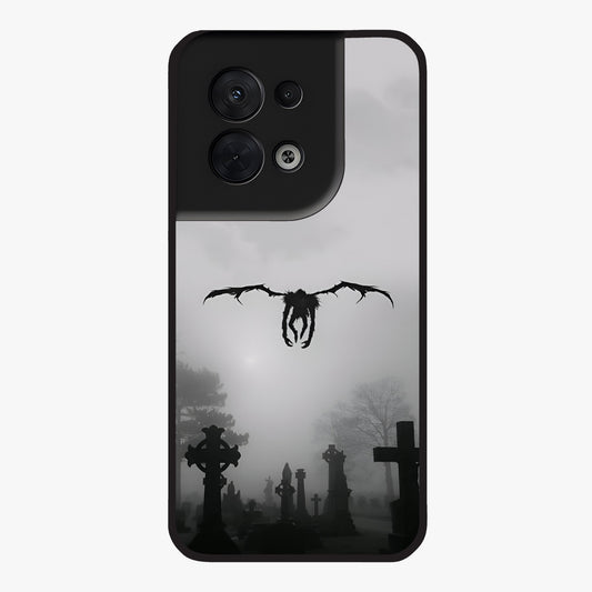 Graveyard Shadow Descent Glass Case showing flat back view with dark graveyard themed artwork and glossy glass finish.