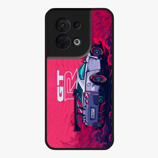 GT-R Car Pattern Glass Case showing flat back view with sporty car inspired pattern artwork and glossy glass finish.