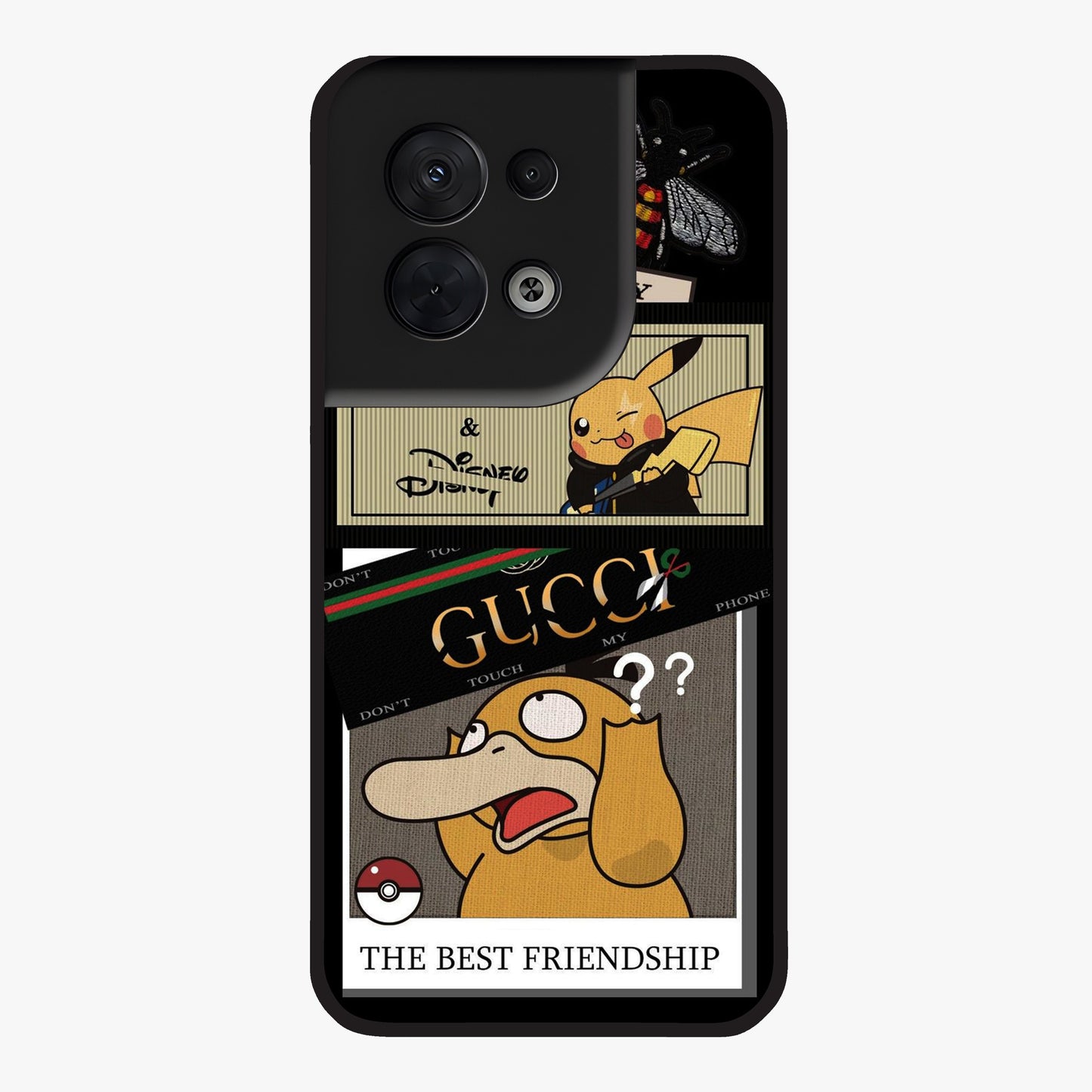 Gucci Play Mashup Glass Case showing flat back view with luxury inspired graphic artwork and glossy glass finish.