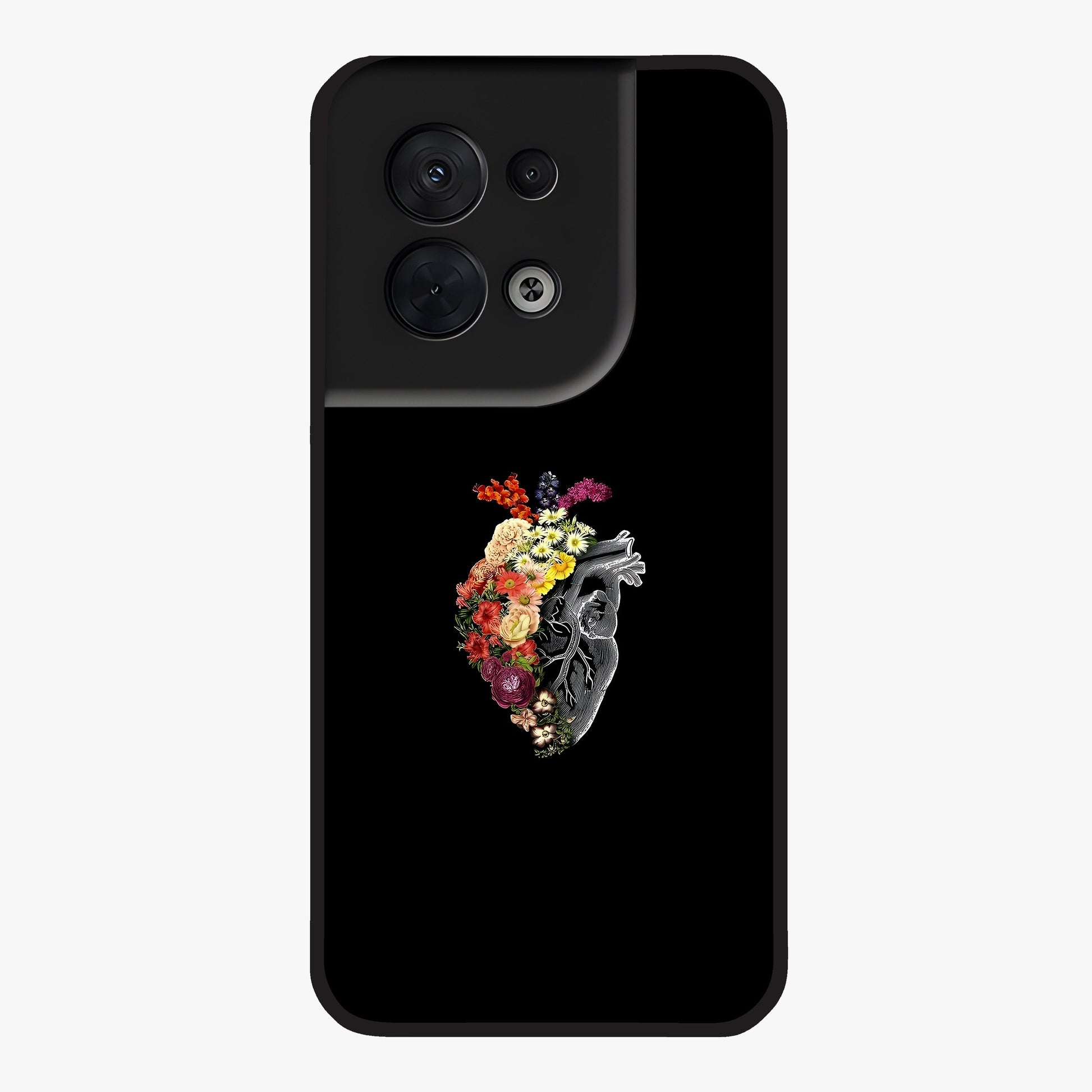 Heart With Flowers Glass Case showing flat back view with heart shaped floral artwork and glossy glass finish.