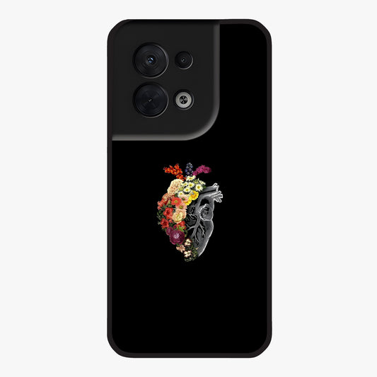 Heart With Flowers Glass Case showing flat back view with heart shaped floral artwork and glossy glass finish.