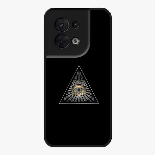 Illuminati Evil Glass Case showing flat back view with mysterious illuminati symbol artwork and glossy glass finish.