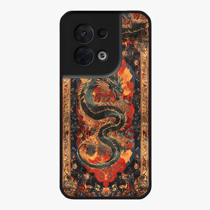 Inferno Dragon Soul Glass Case showing flat back view with fiery dragon artwork and glossy glass finish.