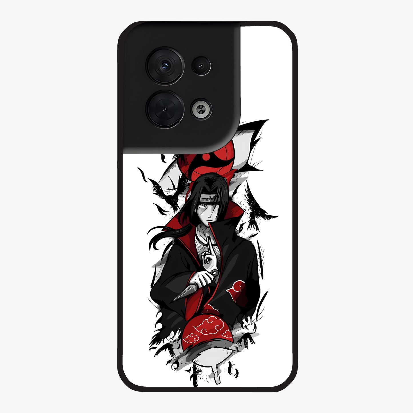 Itachi Sharingan Glass Case showing flat back view with powerful anime eye artwork and glossy glass finish.